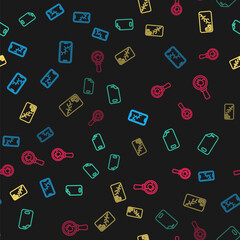 Set line Mobile with broken screen, Glass protector, and System bug on seamless pattern. Vector.