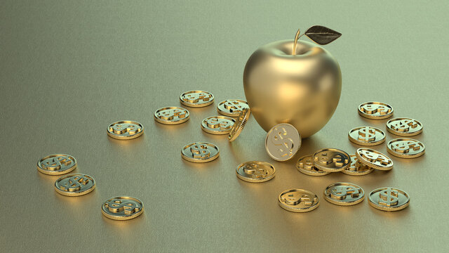 Golden apple and gold coins, 3D rendering. 3D illustration.
