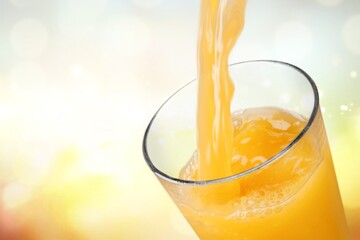 Orange juice pouring in glass on background