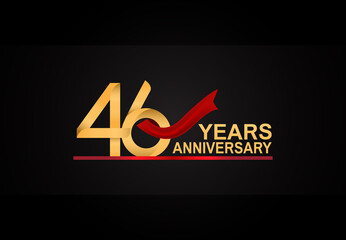 46 years anniversary design with red ribbon and golden color isolated on black background for celebration moment