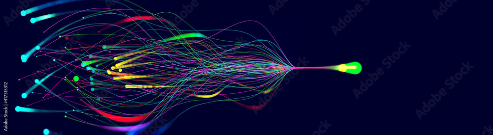 Aufkleber Data flow, informational infinity. Digital footprint, data collection, Big Data. Soul, mind and artificial intelligence. 3D illustration of intertwining streams of a coded neural network