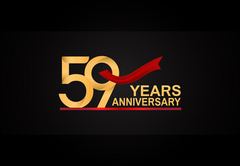 59 years anniversary design with red ribbon and golden color isolated on black background for celebration moment