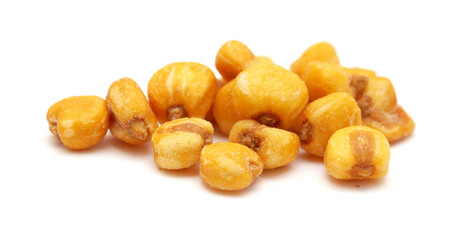 Large yellow salted corn nuts isolated on white background