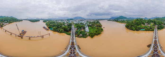 Fototapeta na wymiar Aerial view of railway bridge over the river