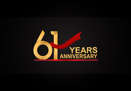61 years anniversary design with red ribbon and golden color isolated on black background for celebration moment