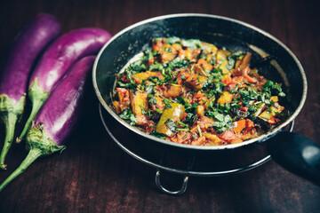 Indian Style Baingan or Eggplant Recipe In A Pan