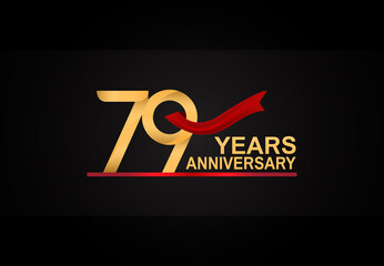 79 years anniversary design with red ribbon and golden color isolated on black background for celebration moment