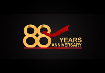 88 years anniversary design with red ribbon and golden color isolated on black background for celebration moment