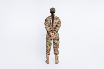 Full length back rear view photo of young woman soldier anonym incognito wear military uniform isolated over white color background