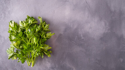 Parsley on a grey stone background. Top view, text space