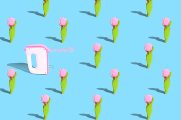 . Creative design card. Gingerbread in the form of a tulip on a blue bright background. The concept of celebrating Women's Day, Valentine's Day. Pattern.