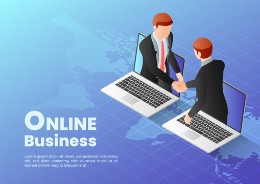 Isometric Web Banner Businessmen Having Online Agreement and Shaking Hands Through Laptop Screen