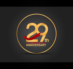 29 anniversary design golden color with ring and red ribbon isolated on black background for celebration moment