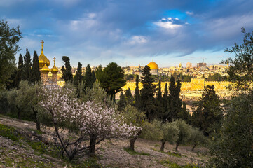 Beautiful morning view of Old City Jerusalem landmarks: the Dome of the Rock and the Golden Gate,...