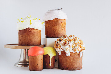 Modern stylish easter pies with toppings, festive composition in rustic style. Isolated