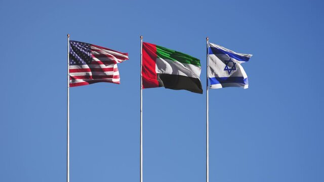 USA UAE Israel flags waving together in the sky. International relations. United Arab Emirates US and Jerusalem signing diplomatic deal. 