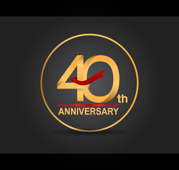 40 anniversary design golden color with ring and red ribbon isolated on black background for celebration moment