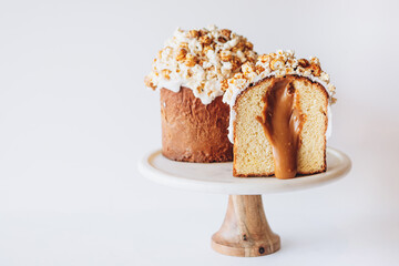 Delicious and appetizing Easter cake on a white background. Copy space