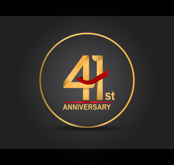 41 anniversary design golden color with ring and red ribbon isolated on black background for celebration moment