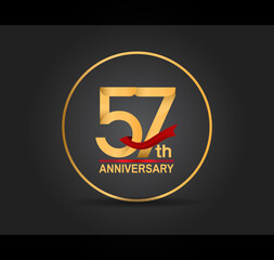 57 anniversary design golden color with ring and red ribbon isolated on black background for celebration moment