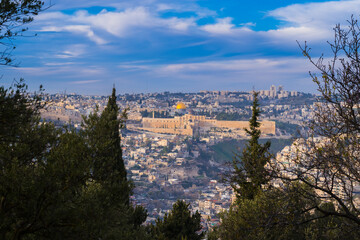 Naklejka premium View of the Old City Jerusalem, the Dome of the Rock and the Temple Mount seen through the trees across the valley; Sherover-Haas Promenade (Tayelet), Jerusalem