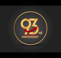 93 anniversary design golden color with ring and red ribbon isolated on black background for celebration moment