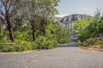Trees damaged and uprooted after a violent storm. Trees have fallen in a residential village