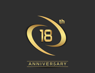 18 years anniversary logo style with swoosh ring golden color isolated on black background for celebration moment