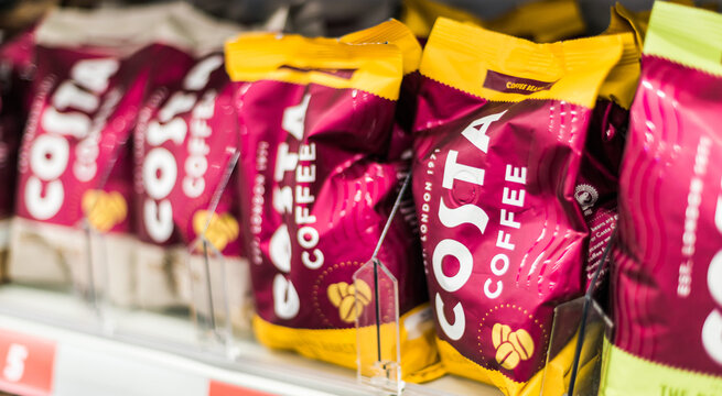 Packages Of Costa Coffee Put Up For Sale In A Store