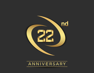 22 years anniversary logo style with swoosh ring golden color isolated on black background for celebration moment