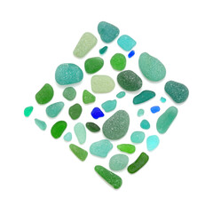 sea glass mosaic, pieces of sea glass isolated on white background
