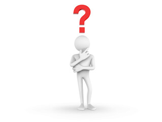 3D illustration of cartoon man in thinking pose - lost in thoughts - large question mark