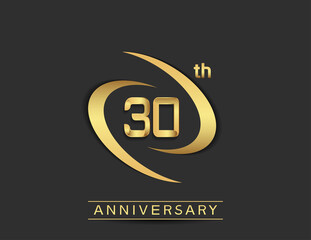 30 years anniversary logo style with swoosh ring golden color isolated on black background for celebration moment