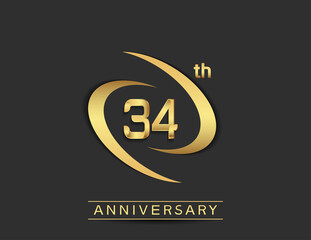 Obraz premium 34 years anniversary logo style with swoosh ring golden color isolated on black background for celebration moment