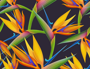 Seamless tropical flower, plant and leaf pattern background. Hawaii jungle flowers