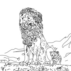 Lion with small lion hand draw icon