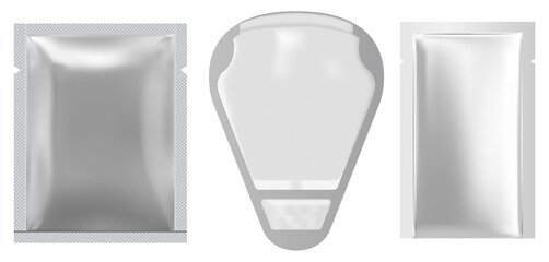 Napkin package. Face mask sachet mockup. Silver packet, wet wipe pack. Foil pouch design mock up, 3d vector. Small flex antibacterial nutrition packaging blank, retail? realistic sample