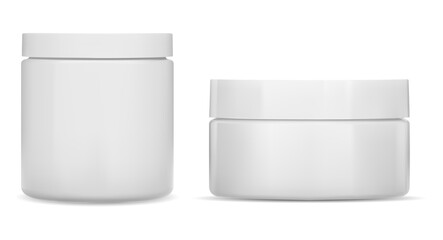 Cream jar. Cosmetic jar mockup, Round white bottle. Plastic creme container blank. Realistic clear body skin beauty cream, corporate branding identity simple can, vector mockup. 3d pot