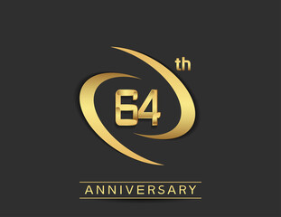 64 years anniversary logo style with swoosh ring golden color isolated on black background for celebration moment