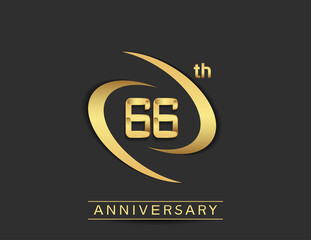 66 years anniversary logo style with swoosh ring golden color isolated on black background for celebration moment