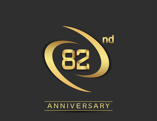 82 years anniversary logo style with swoosh ring golden color isolated on black background for celebration moment