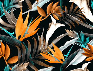 Seamless tropical flower, plant and leaf pattern background