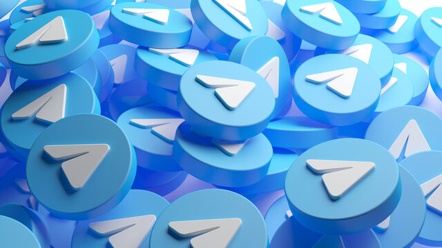 Valencia, Spain - February, 2021: A heap of Telegram app icons for a background in 3D rendering. Telegram is an online social media network. Social media messaging app