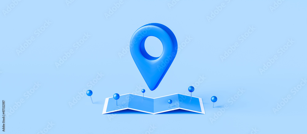 Poster locator mark of map and location pin or navigation icon sign on blue background with search concept.
