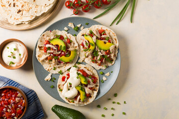 Mini tortillas with tomato salsa, avocado and boiled chicken. Top view.