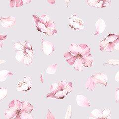 Flowers and petals blossoming sakura scattered on tender grey background. Watercolor seamless pattern for floral textile, wallpaper or romantic cover.