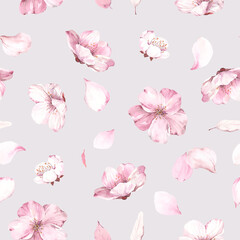 Flowers and petals blossoming sakura scattered on tender grey background. Watercolor seamless pattern for floral textile, wallpaper or romantic cover. © Nikole