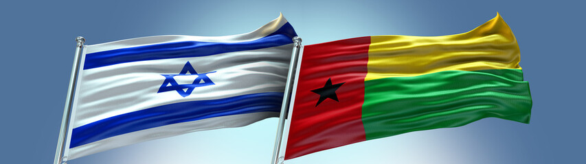 Fototapeta na wymiar Guinea-Bissau Flag and Israel Flag waving with texture Blue sky Double flag