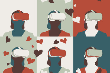 VR Virtual Reality glasses VECTOR pattern. Repetitive vector illustration of women wearing VR glasses. Fantasy world, floating hearts, abstract flat VR concept illustration. 