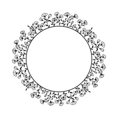 Round frame of wild and garden flowers. Plants are hand drawn in black ink on a white background. Leaves, twigs, buds are laid in a natural wreath. Ready made template for printing on postcards.